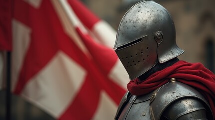 Obraz premium Medieval knight wearing full armor with a red cross, symbolizing courage and historical valor. George's Day. Independence Day of England 