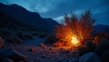 Desert landscape with glowing fire in shrub under twilight sky. Illuminated shrub stands out against rocky terrain in stillness of night, creating atmospheric scene.