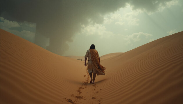 Scene from the Bible with Moses walking through desert landscape, leaving footprints in golden sand with dramatic clouds in the background.