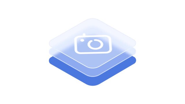Blue and white gradient icon with camera symbol on transparent layers