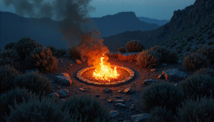 Campfire scene at night surrounded by rocky terrain and shrubbery with glowing flames illuminating dark landscape. Campfire crackles in tranquil nature,