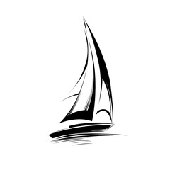 Abstract black and white line art vector illustration of a sailboat on water, minimalist design for marine and nautical themes