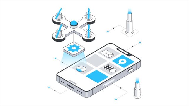 Mobile App Development  Isometric Animation on white background 