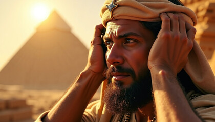 Scene from the Bible featuring Moses with pyramids in background, depicting emotional moment as he holds his head in contemplation.
