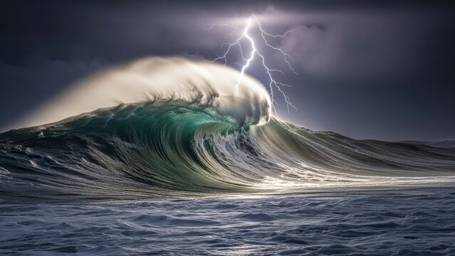 A massive ocean wave crashes under a stormy sky with lightning
