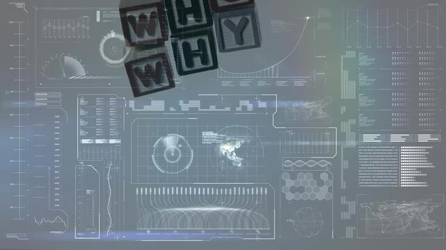 Animation of wooden blocks with who and why text over digital infographic interface