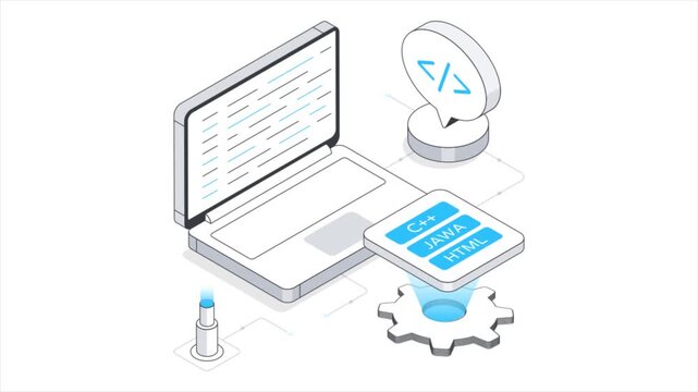 Computer Code Programming  Isometric Animation on white background 