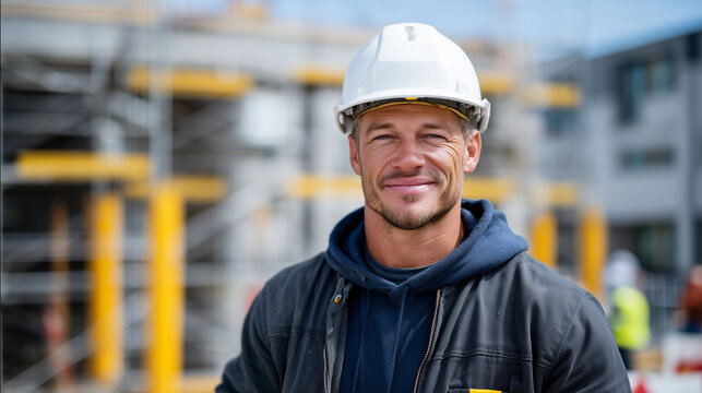 Close-up environmental portrait of a construction worker outdoors with safety helmet and gloves, bright friendly expression, blurred scaffolding and ladders behind him, shallow dep