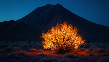 Glowing bush in desert landscape under starry night sky with mountain backdrop. The glowing bush illuminated by soft light enhances tranquil desert scenery as focal point.