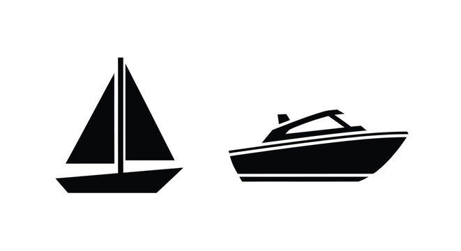 Simple black icons of a sailboat and motorboat silhouette