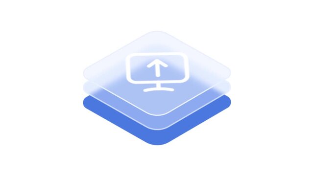 Blue and white gradient icon with computer monitor symbol on transparent layers