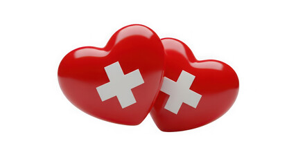 Obraz premium Two Glossy Red Hearts with White Cross Symbol – Medical Support and Healthcare Concept 3D Render