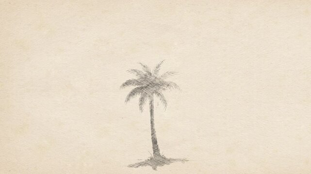 Hand Drawn Sketch of Palm Tree Swaying in the Wind with Crescent Moon on Vintage Paper Background