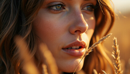 Portrait of young woman in golden wheat field, close-up on face with sunlit hair and serene expression. Female figure surrounded by natural setting of wheat,