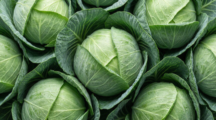 Fresh green cabbage heads with water droplets, a healthy and natural food background