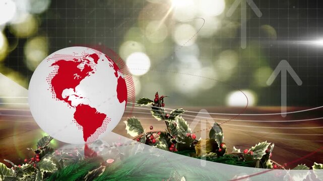 Animation of globe and arrows over christmas decorations