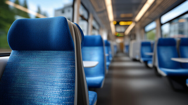 Close-up angled shot focusing on a row of sleek seats in a clean train interior, modern upholstery textures highlighted, handrails and signage subtly blurred in background, extende