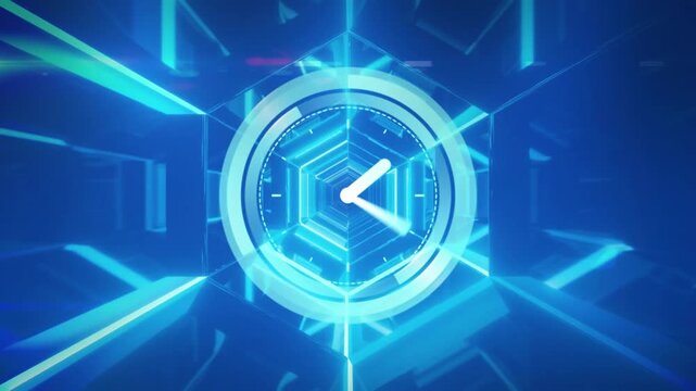 Animation of ticking clock over neon tunnel in seamless pattern against blue background