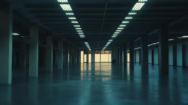 Long empty industrial hall featuring rows of concrete pillars, fluorescent lights on the ceiling, and large windows revealing soft light at the far end creating a sense of deep perspective