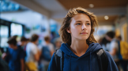 Side-angle shot of a student walking slowly down a school corridor, blurred groups of peers interacting in the background, muted colors and shallow depth of field emphasizing lonel