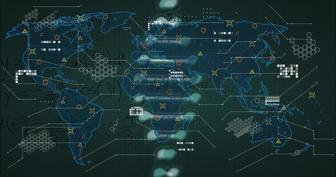 Digital animation showcases math problems, global networks, and data processing concepts.