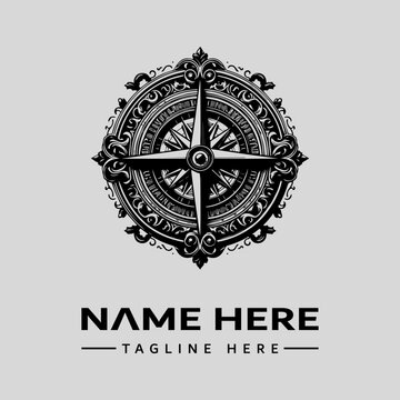 A detailed black and white illustration of a compass with ornate designs, featuring a placeholder name and tagline in a clean, minimalist layout against a light gray background.