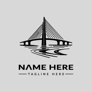 Black and white vector illustration of a bridge with a placeholder name and tagline on a light gray background, featuring a stylized icon design.