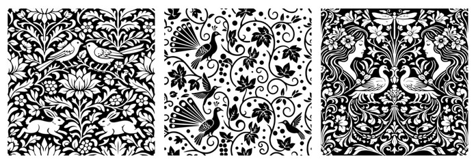 Black and white ornamental vector set featuring three intricate seamless patterns inspired by folk art and classic decorative design. © LaInspiratriz