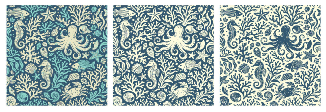 Vintage marine vector set underwater patterns with octopus, seahorse, fish, coral, shells and starfish. Retro ocean design in limited color palette