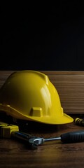 Hard hat safety equipment and tools on wood
