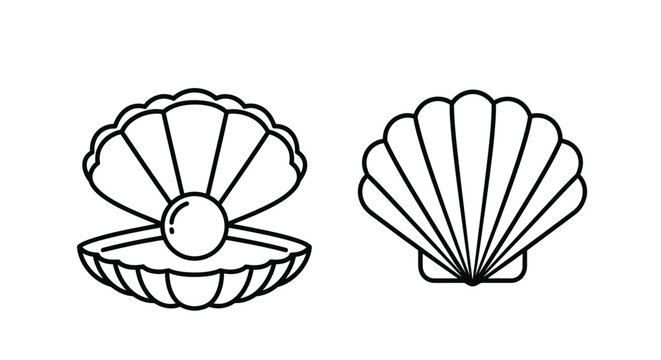 Two open seashells with a pearl simple black outline silhouette
