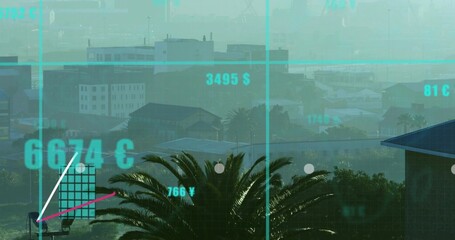 Naklejka premium Showing palm tree canopy dominating elevated coastal port, with turquoise grid and currency symbols