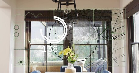 Displaying white ceramic vase holding yellow daffodils on dining table at home, with HUD overlay