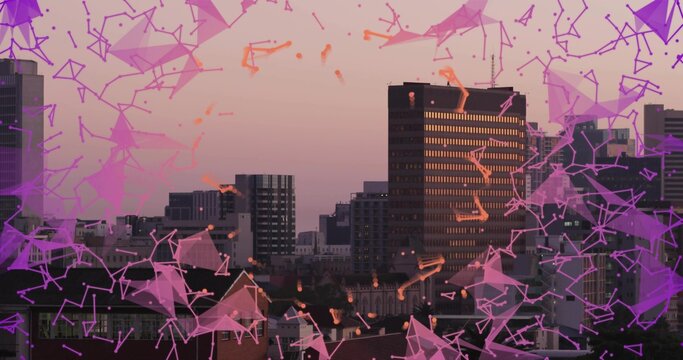 Framing tall office tower catching sunset light from rooftop vents, with magenta facets overlay