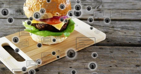 Fotobehang Zuivelwaren Featuring cheeseburger with sesame bun, cheddar sitting on board, with chat bubbles, user icons  © vectorfusionart