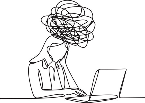 Continuous line drawing of person working on laptop with tangled thoughts depicted as swirling lines