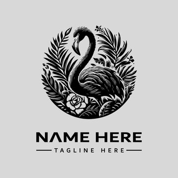 A black and white illustration of a flamingo surrounded by tropical leaves and flowers, with a vintage engraving style and a circular composition, against a clean white background.