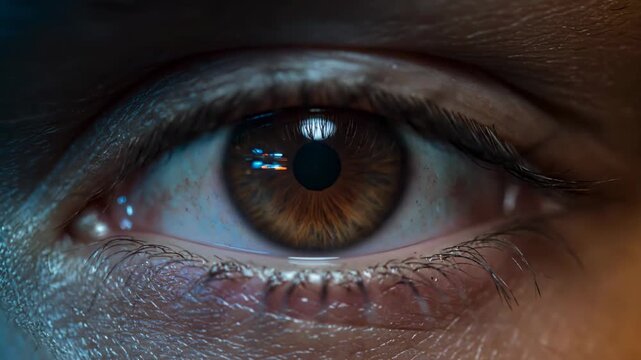 Extreme macro close-up of a human eye with a dark brown