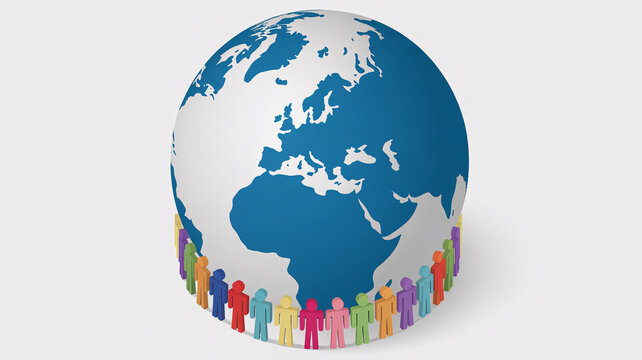 A diverse group of colorful human figures standing in a circle around the base of a blue globe, symbolizing global community and unity.