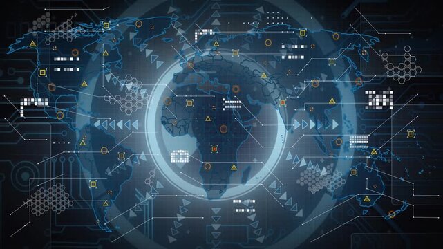 Spinning arrow ring starting globe forming while pulsing lines scanning global data in interface