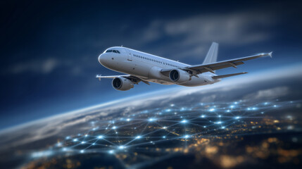 Fototapeta premium Over-the-wing close-up perspective, commercial airplane with digital network lines and node overlays hovering above, clouds and earth curvature blurred behind, cinematic compositio
