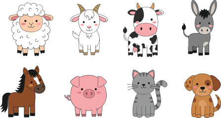 Obraz premium Cute farm and domestic animals collection with sheep goat cow donkey horse pig cat and dog vector illustration
