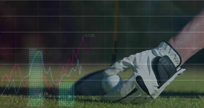 Gloved hand placing ball on tee causing analytics appearing projecting 5