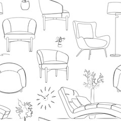 Fototapeta premium Furniture, lamps and plants for the home. Seamless pattern. Black and white background. Vector illustration. Endless texture can be used for printing onto fabric and paper or scrap booking.