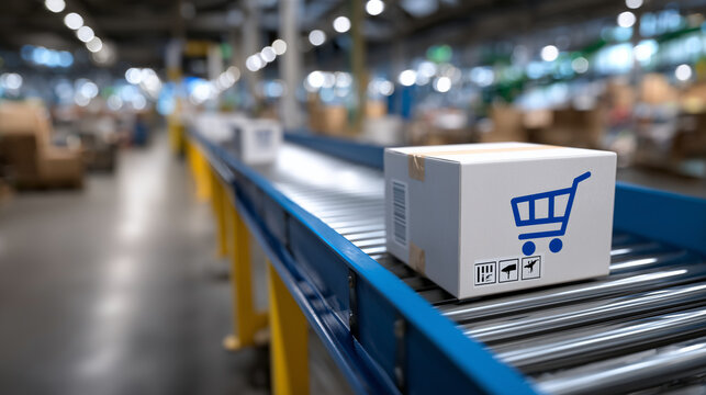 Macro perspective of a parcel with a shopping cart icon, edges and tape details in sharp focus, background showing blurred conveyor belts and warehouse activity, soft diffused ligh