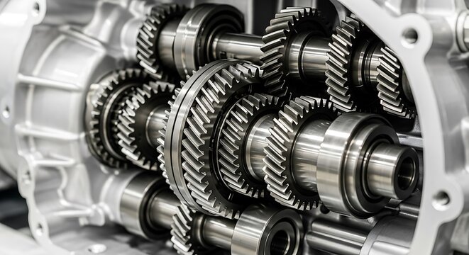 Internal view of a machine gearbox, showing intricate interlocking gears