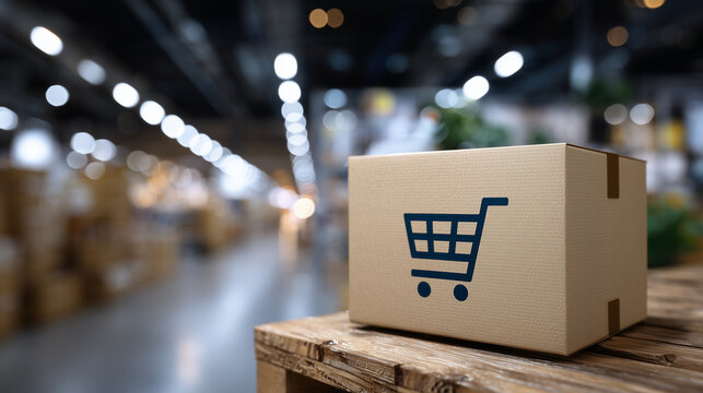 Close-up of a parcel with a bold shopping cart symbol, textured cardboard in sharp detail, blurred warehouse background with subtle lens flare, cinematic lighting emphasizing e-com