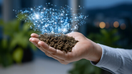 Fototapeta premium Over-the-shoulder perspective of a hand presenting soil with a digital rocket hologram lifting off, blurred workspace or outdoor background, subtle reflections highlighting entrepr