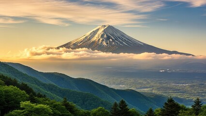 A serene mountain landscape with a snow-capped peak at sunrise