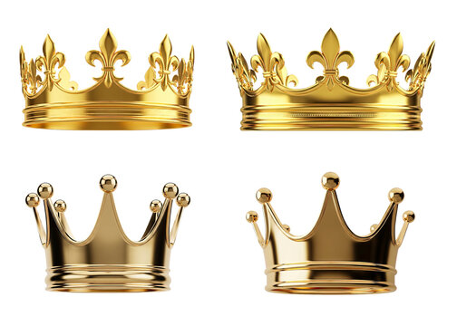 Collection of four distinct golden crowns, showcasing royal elegance and luxury
